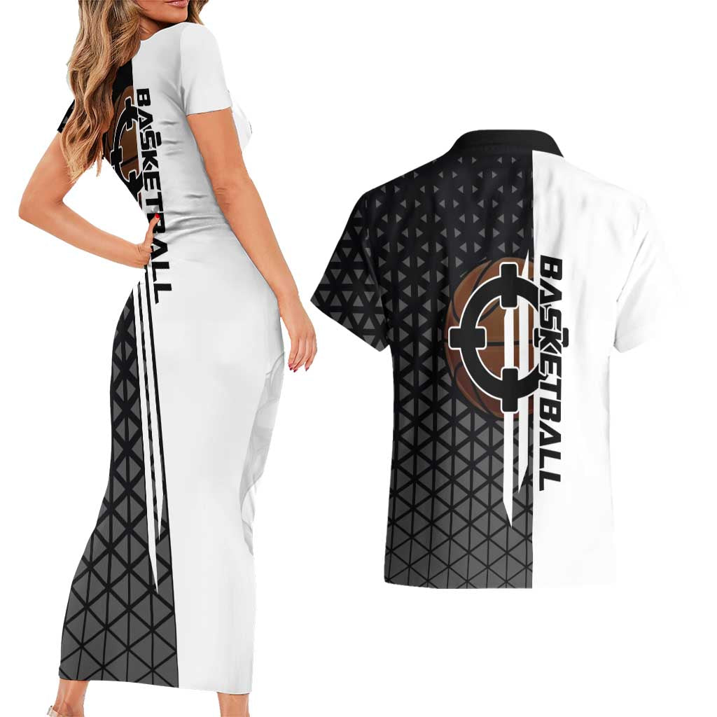 Bartholomew Kuma One Piece Basketball Crossover Design Couples Matching Short Sleeve Bodycon Dress and Hawaiian Shirt with Monochrome Geometric Background and Dynamic Pose - The Mazicc