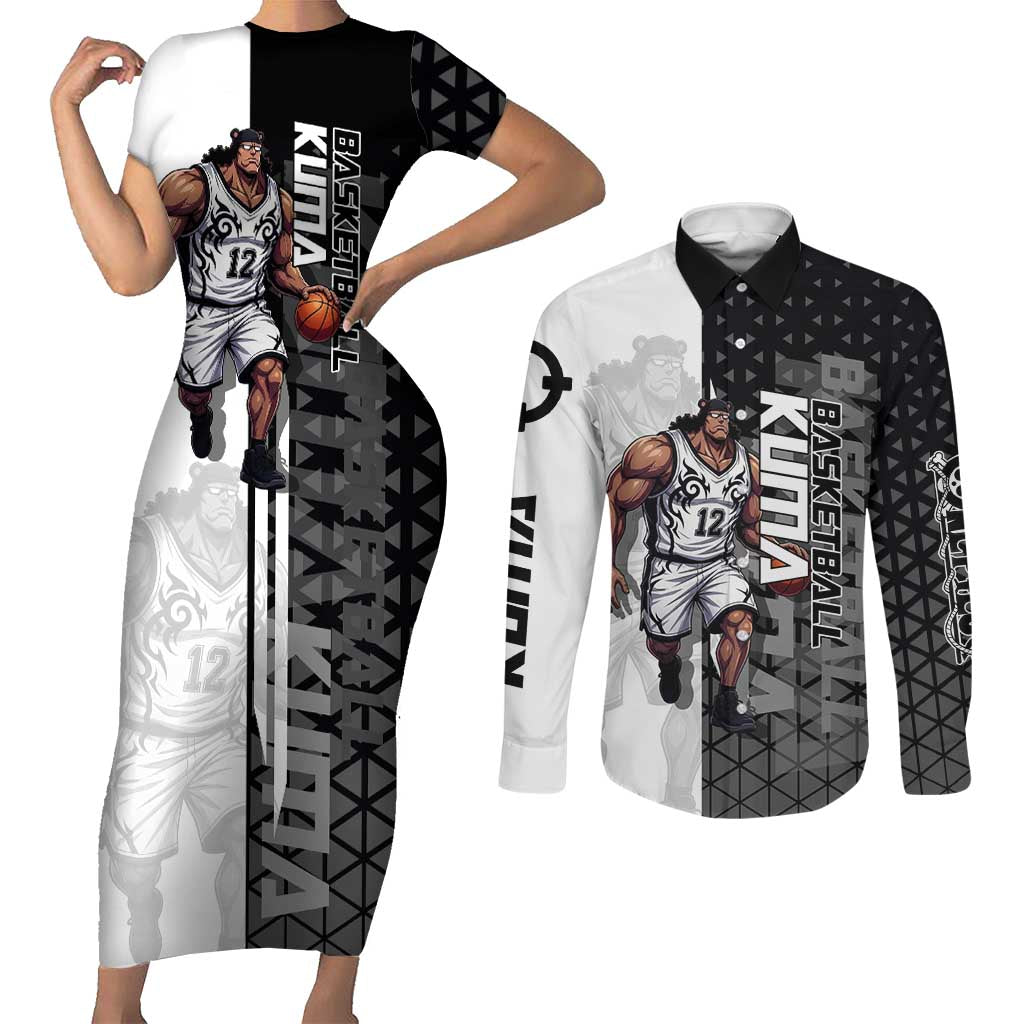 Bartholomew Kuma One Piece Basketball Crossover Design Couples Matching Short Sleeve Bodycon Dress and Long Sleeve Button Shirt with Monochrome Geometric Background and Dynamic Pose - The Mazicc