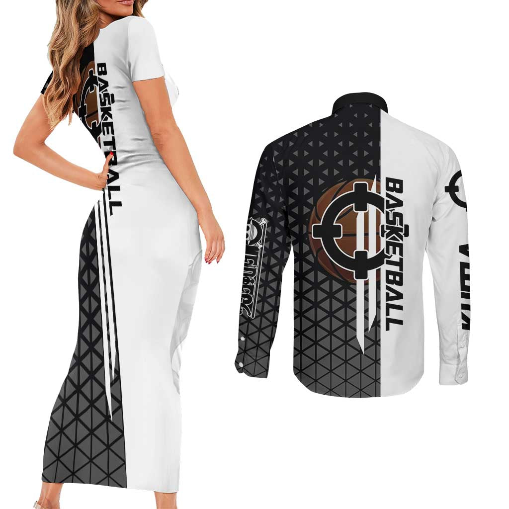 Bartholomew Kuma One Piece Basketball Crossover Design Couples Matching Short Sleeve Bodycon Dress and Long Sleeve Button Shirt with Monochrome Geometric Background and Dynamic Pose - The Mazicc