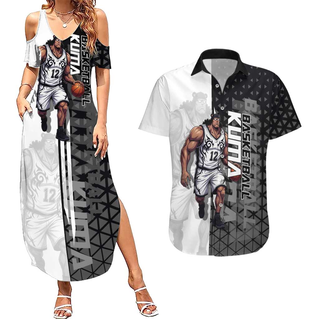 Bartholomew Kuma One Piece Basketball Crossover Design Couples Matching Summer Maxi Dress and Hawaiian Shirt with Monochrome Geometric Background and Dynamic Pose - The Mazicc