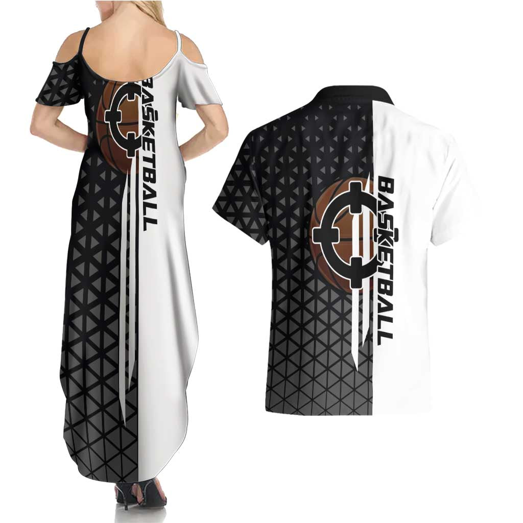 Bartholomew Kuma One Piece Basketball Crossover Design Couples Matching Summer Maxi Dress and Hawaiian Shirt with Monochrome Geometric Background and Dynamic Pose - The Mazicc