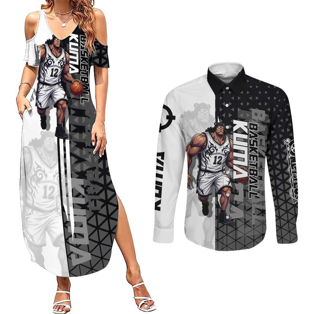 Bartholomew Kuma One Piece Basketball Crossover Design Couples Matching Summer Maxi Dress and Long Sleeve Button Shirt with Monochrome Geometric Background and Dynamic Pose - The Mazicc