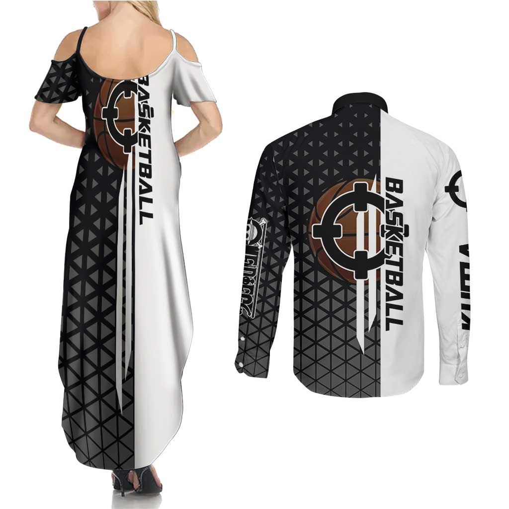 Bartholomew Kuma One Piece Basketball Crossover Design Couples Matching Summer Maxi Dress and Long Sleeve Button Shirt with Monochrome Geometric Background and Dynamic Pose - The Mazicc