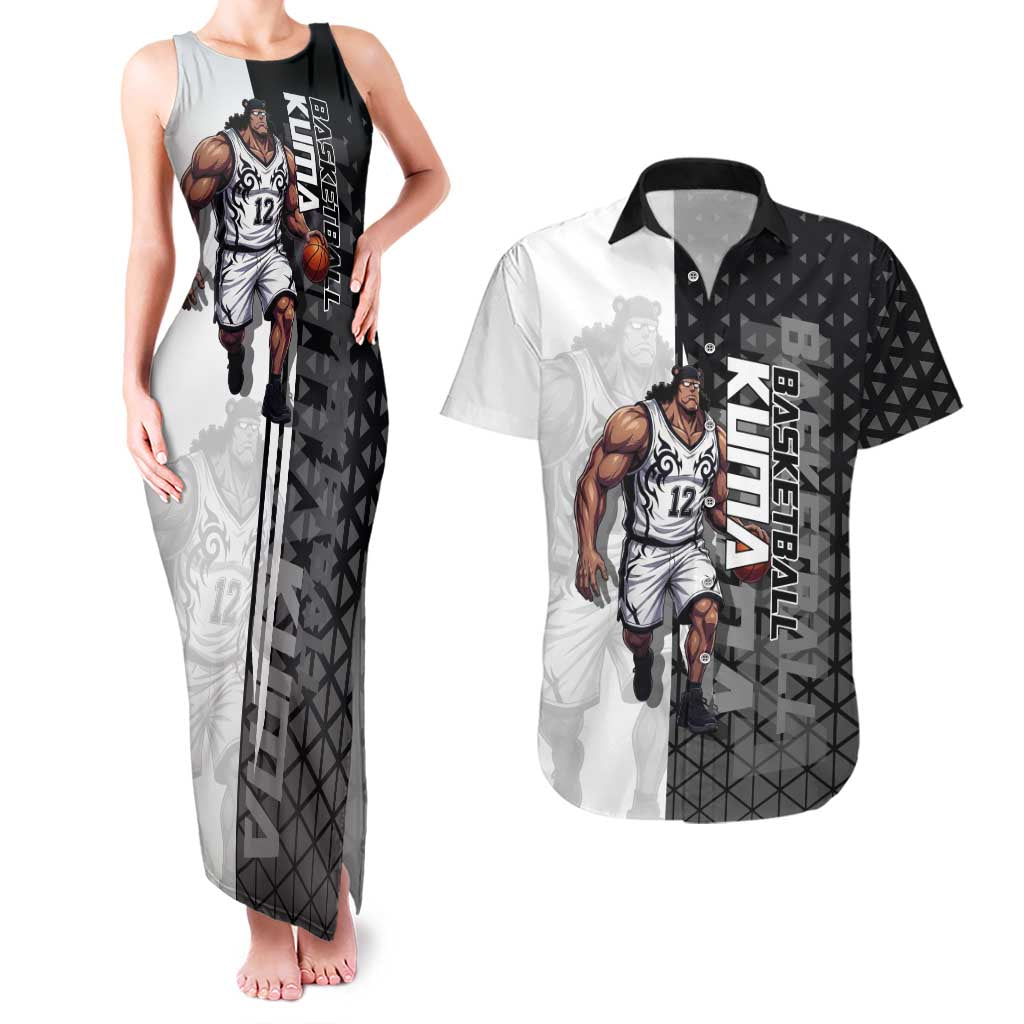 Bartholomew Kuma One Piece Basketball Crossover Design Couples Matching Tank Maxi Dress and Hawaiian Shirt with Monochrome Geometric Background and Dynamic Pose - The Mazicc