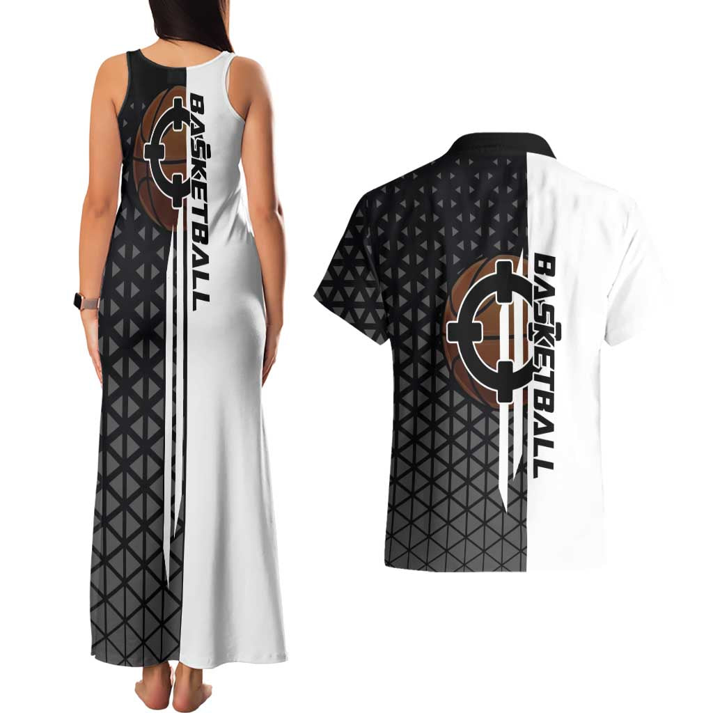 Bartholomew Kuma One Piece Basketball Crossover Design Couples Matching Tank Maxi Dress and Hawaiian Shirt with Monochrome Geometric Background and Dynamic Pose - The Mazicc