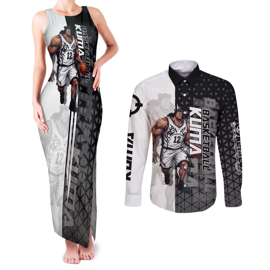 Bartholomew Kuma One Piece Basketball Crossover Design Couples Matching Tank Maxi Dress and Long Sleeve Button Shirt with Monochrome Geometric Background and Dynamic Pose - The Mazicc