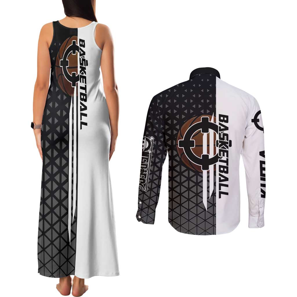 Bartholomew Kuma One Piece Basketball Crossover Design Couples Matching Tank Maxi Dress and Long Sleeve Button Shirt with Monochrome Geometric Background and Dynamic Pose - The Mazicc