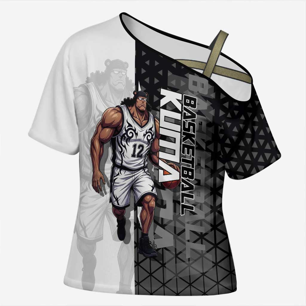 Bartholomew Kuma One Piece Basketball Crossover Design Cross Shoulder Shirt with Monochrome Geometric Background and Dynamic Pose - The Mazicc