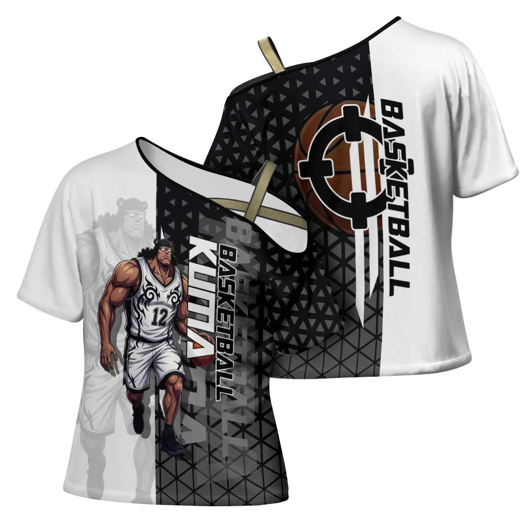 Bartholomew Kuma One Piece Basketball Crossover Design Cross Shoulder Shirt with Monochrome Geometric Background and Dynamic Pose - The Mazicc