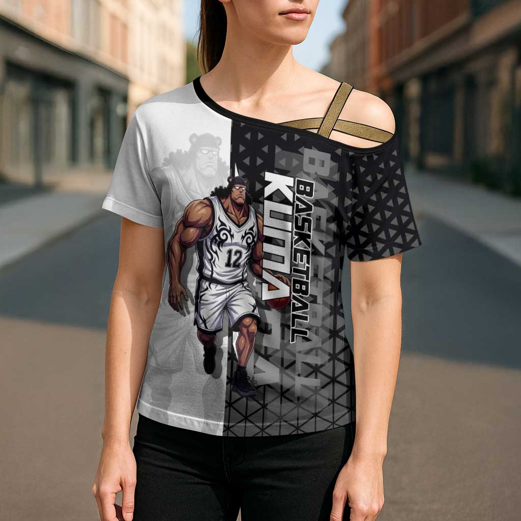 Bartholomew Kuma One Piece Basketball Crossover Design Cross Shoulder Shirt with Monochrome Geometric Background and Dynamic Pose - The Mazicc