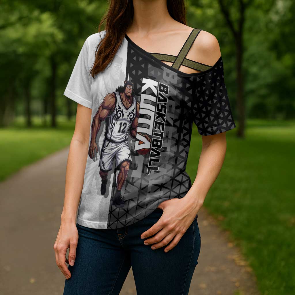 Bartholomew Kuma One Piece Basketball Crossover Design Cross Shoulder Shirt with Monochrome Geometric Background and Dynamic Pose - The Mazicc