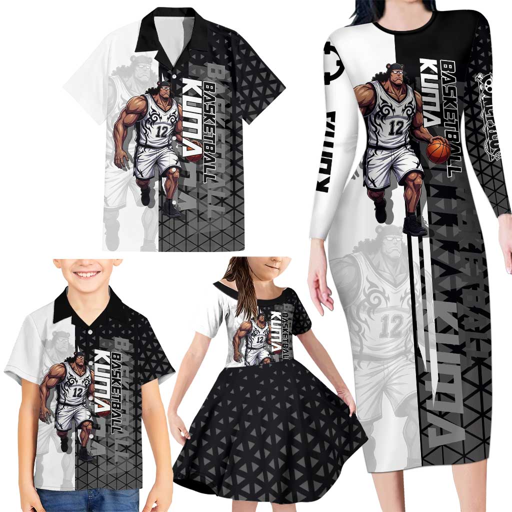 Bartholomew Kuma One Piece Basketball Crossover Design Family Matching Long Sleeve Bodycon Dress and Hawaiian Shirt with Monochrome Geometric Background and Dynamic Pose