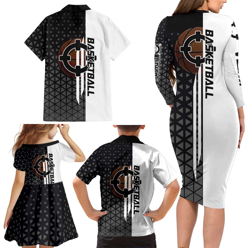 Bartholomew Kuma One Piece Basketball Crossover Design Family Matching Long Sleeve Bodycon Dress and Hawaiian Shirt with Monochrome Geometric Background and Dynamic Pose