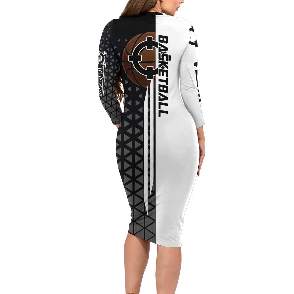 Bartholomew Kuma One Piece Basketball Crossover Design Family Matching Long Sleeve Bodycon Dress and Hawaiian Shirt with Monochrome Geometric Background and Dynamic Pose