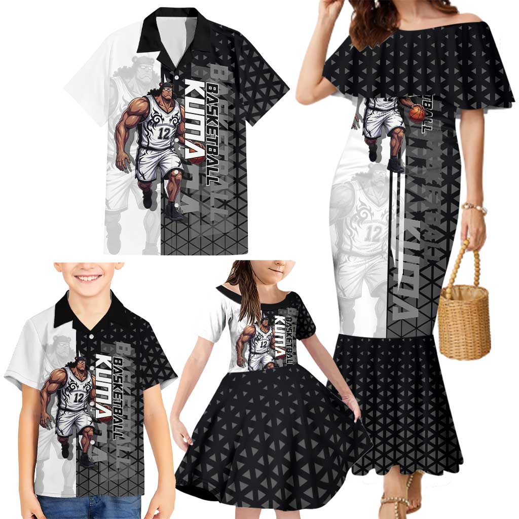 Bartholomew Kuma One Piece Basketball Crossover Design Family Matching Mermaid Dress and Hawaiian Shirt with Monochrome Geometric Background and Dynamic Pose