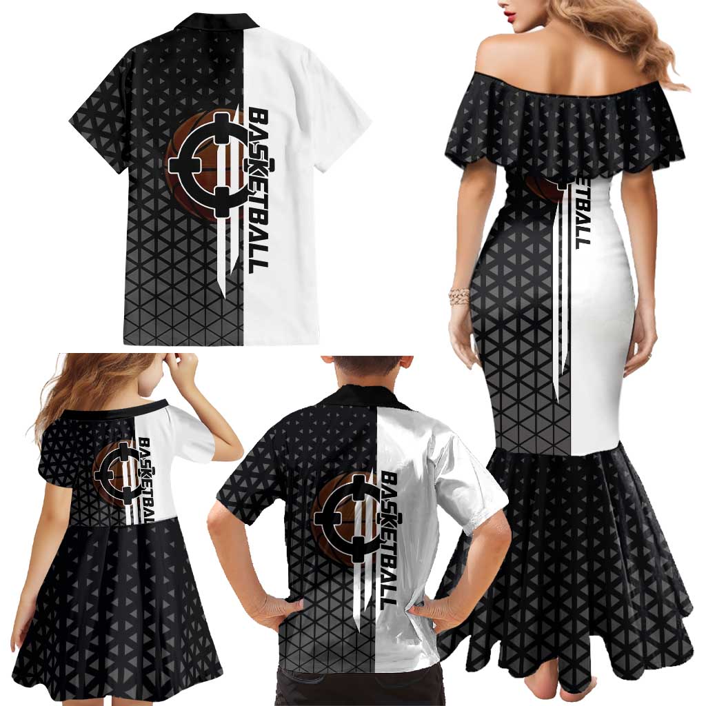Bartholomew Kuma One Piece Basketball Crossover Design Family Matching Mermaid Dress and Hawaiian Shirt with Monochrome Geometric Background and Dynamic Pose