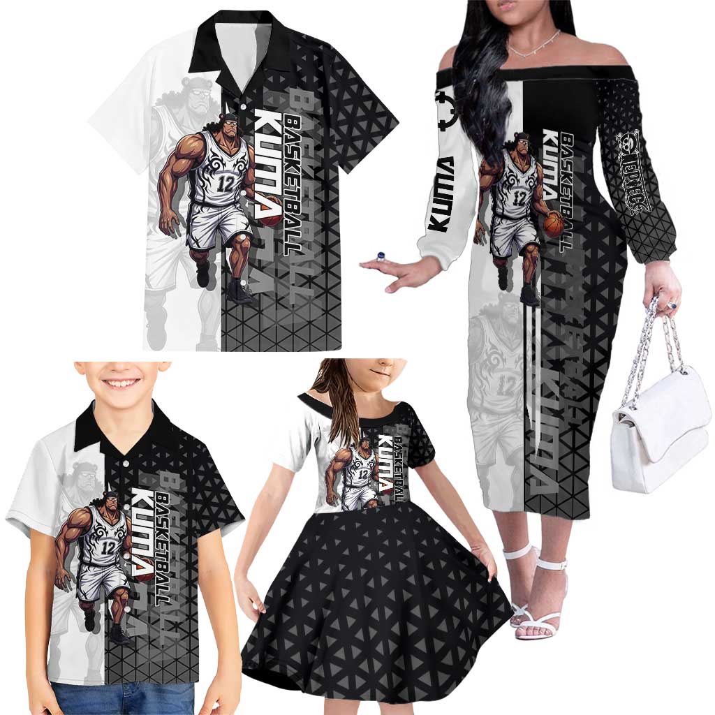 Bartholomew Kuma One Piece Basketball Crossover Design Family Matching Off The Shoulder Long Sleeve Dress and Hawaiian Shirt with Monochrome Geometric Background and Dynamic Pose