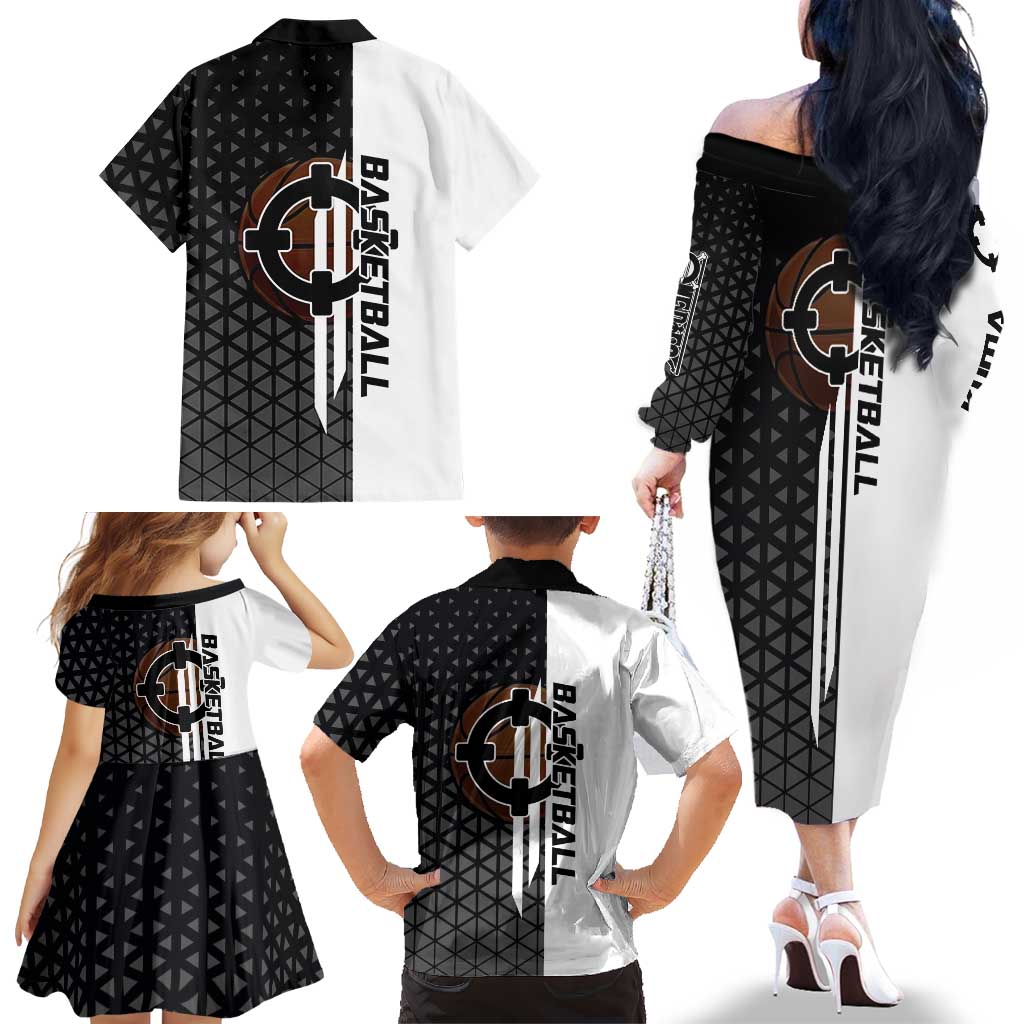 Bartholomew Kuma One Piece Basketball Crossover Design Family Matching Off The Shoulder Long Sleeve Dress and Hawaiian Shirt with Monochrome Geometric Background and Dynamic Pose