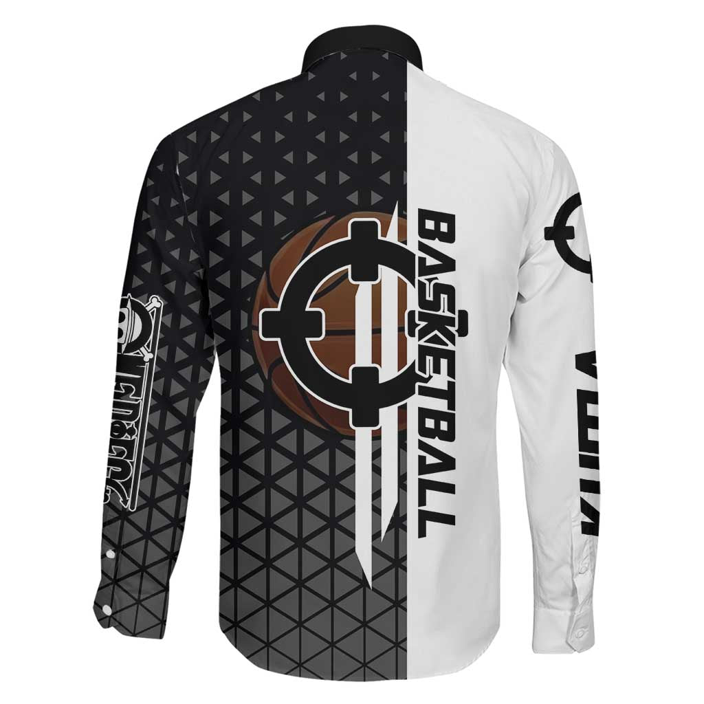Bartholomew Kuma One Piece Basketball Crossover Design Family Matching Off The Shoulder Long Sleeve Dress and Hawaiian Shirt with Monochrome Geometric Background and Dynamic Pose