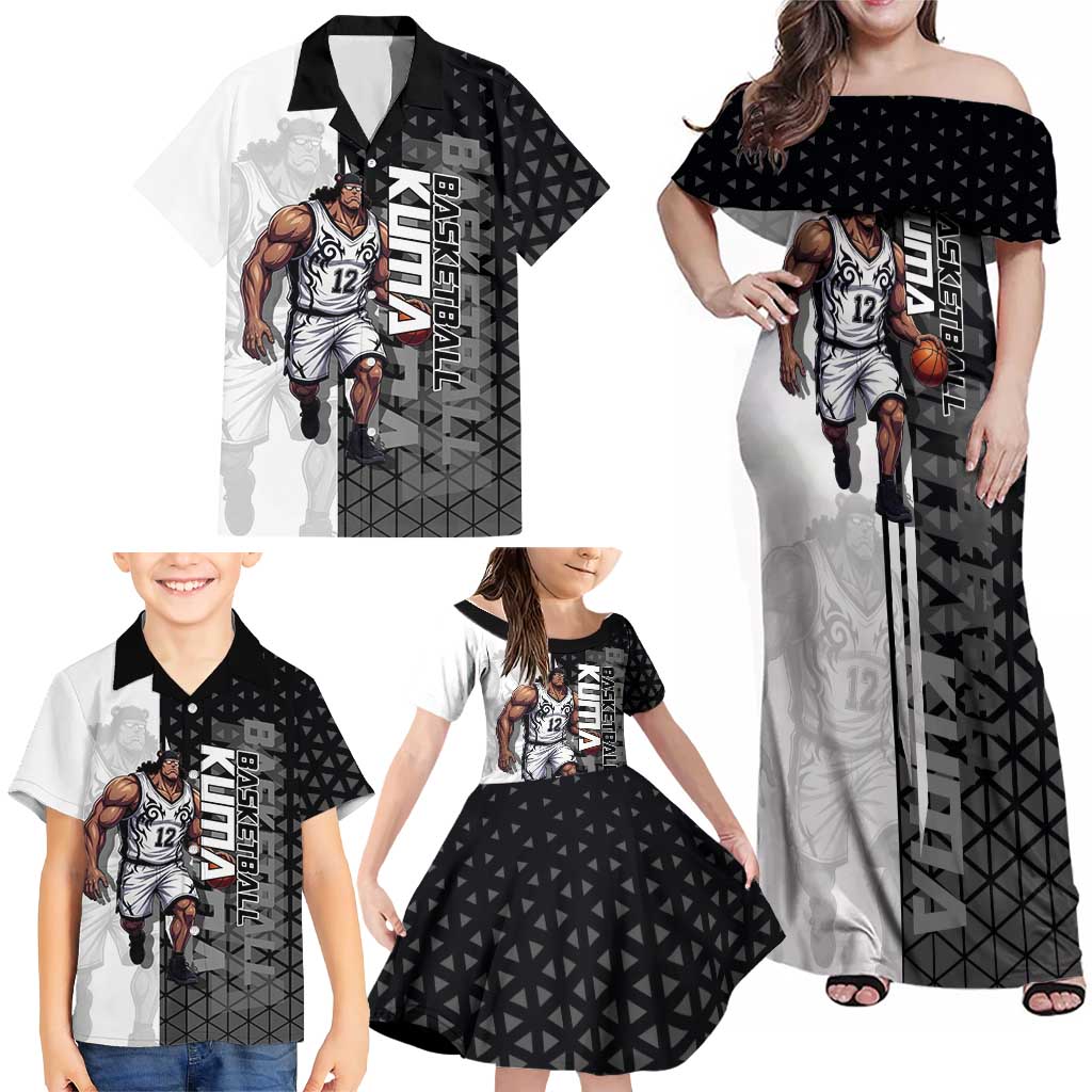 Bartholomew Kuma One Piece Basketball Crossover Design Family Matching Off Shoulder Maxi Dress and Hawaiian Shirt with Monochrome Geometric Background and Dynamic Pose