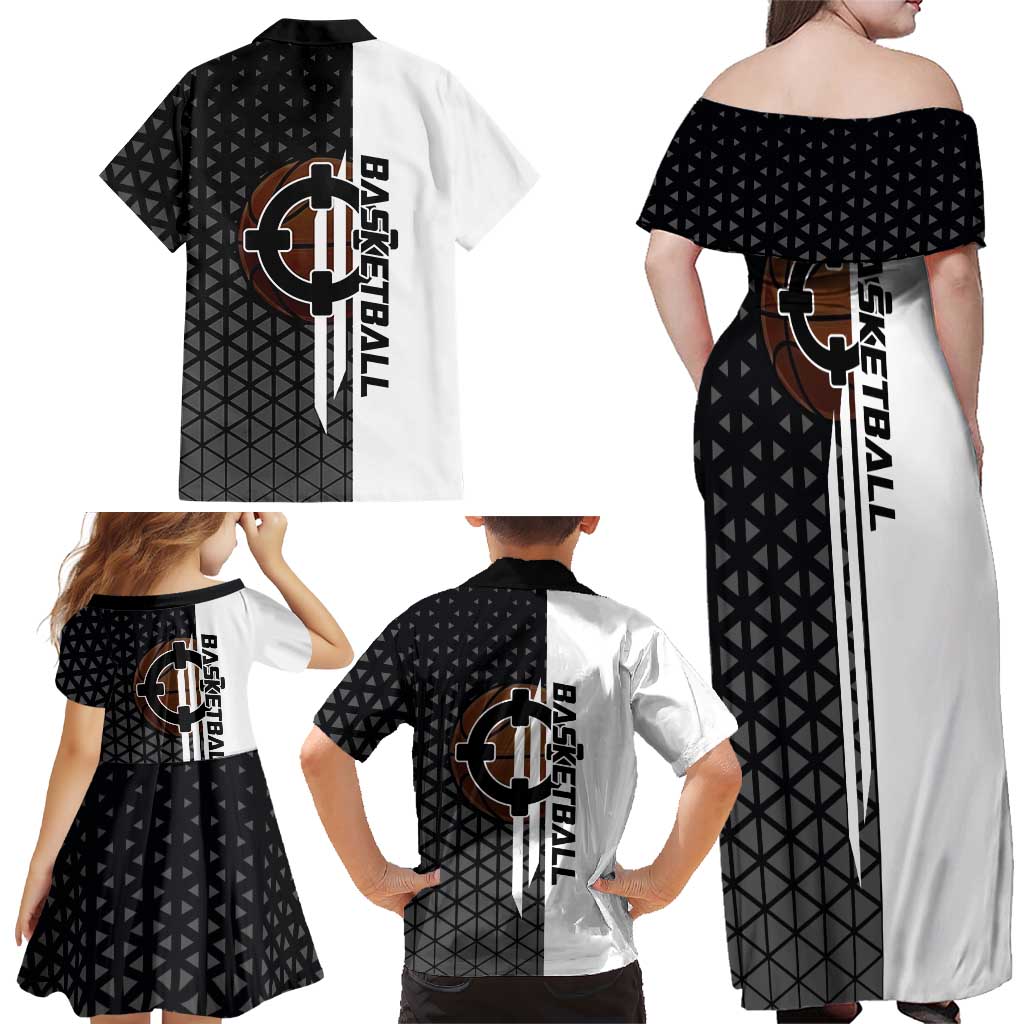 Bartholomew Kuma One Piece Basketball Crossover Design Family Matching Off Shoulder Maxi Dress and Hawaiian Shirt with Monochrome Geometric Background and Dynamic Pose