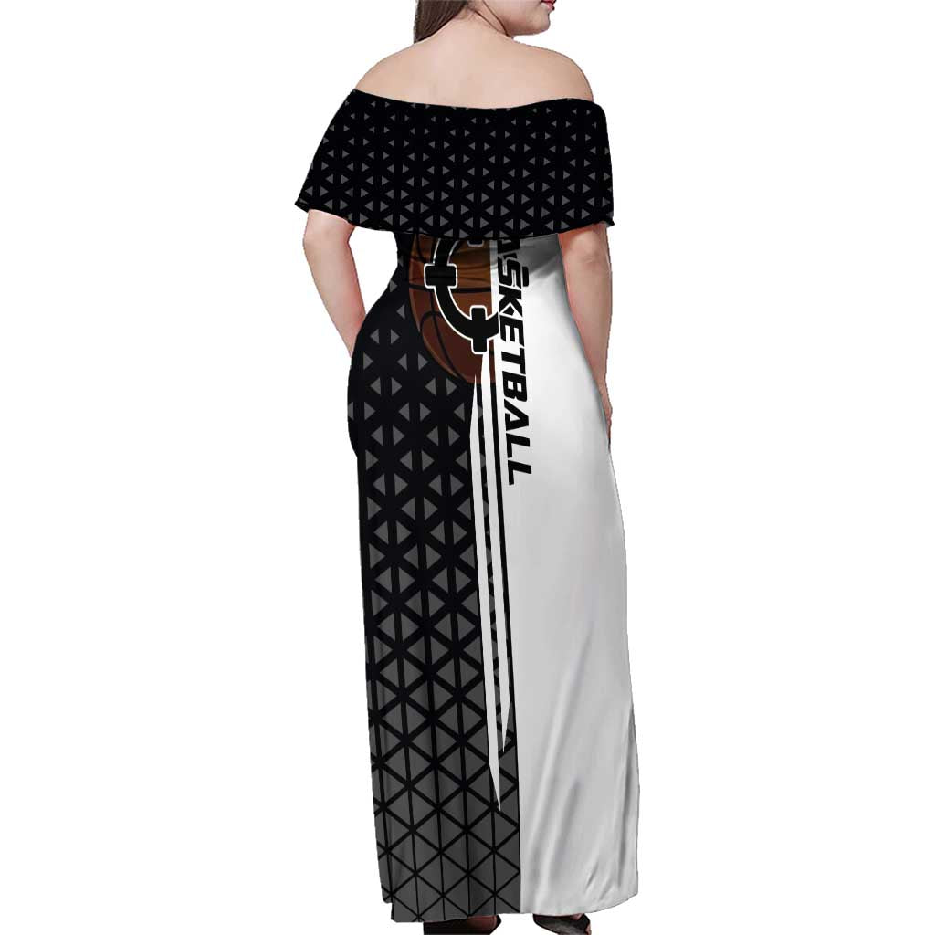 Bartholomew Kuma One Piece Basketball Crossover Design Family Matching Off Shoulder Maxi Dress and Hawaiian Shirt with Monochrome Geometric Background and Dynamic Pose
