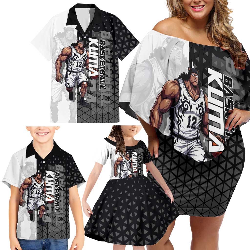 Bartholomew Kuma One Piece Basketball Crossover Design Family Matching Off Shoulder Short Dress and Hawaiian Shirt with Monochrome Geometric Background and Dynamic Pose