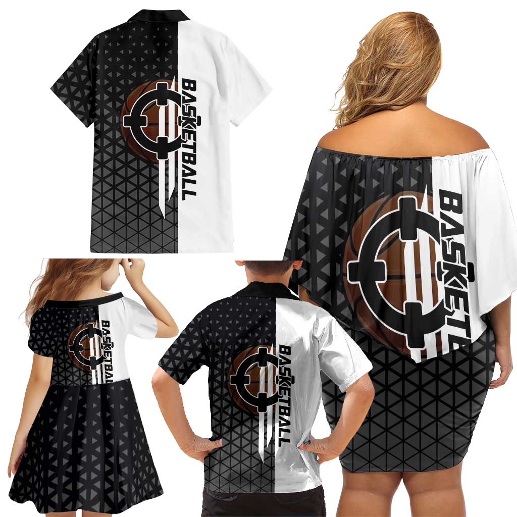 Bartholomew Kuma One Piece Basketball Crossover Design Family Matching Off Shoulder Short Dress and Hawaiian Shirt with Monochrome Geometric Background and Dynamic Pose
