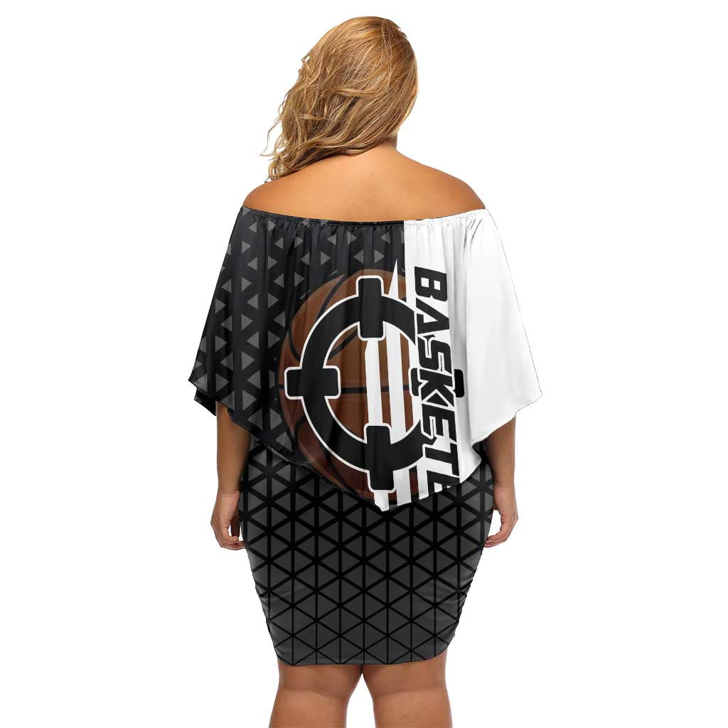 Bartholomew Kuma One Piece Basketball Crossover Design Family Matching Off Shoulder Short Dress and Hawaiian Shirt with Monochrome Geometric Background and Dynamic Pose