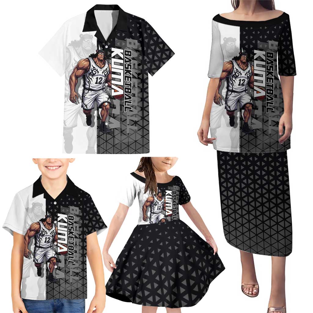 Bartholomew Kuma One Piece Basketball Crossover Design Family Matching Puletasi and Hawaiian Shirt with Monochrome Geometric Background and Dynamic Pose