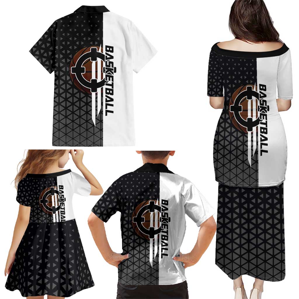 Bartholomew Kuma One Piece Basketball Crossover Design Family Matching Puletasi and Hawaiian Shirt with Monochrome Geometric Background and Dynamic Pose
