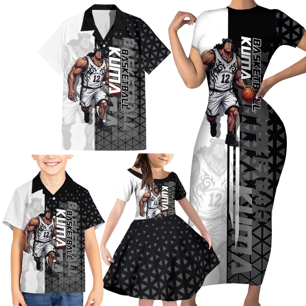 Bartholomew Kuma One Piece Basketball Crossover Design Family Matching Short Sleeve Bodycon Dress and Hawaiian Shirt with Monochrome Geometric Background and Dynamic Pose