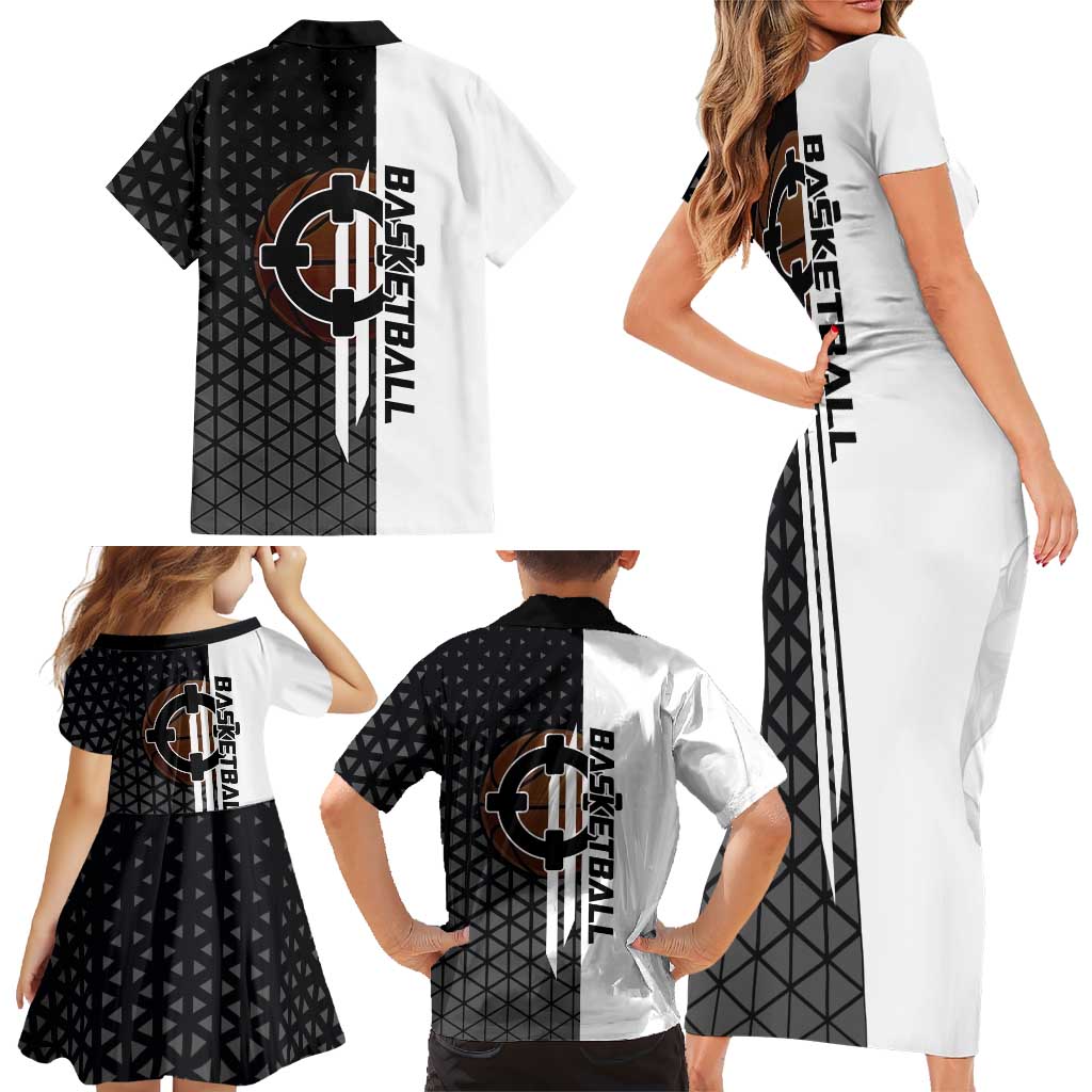 Bartholomew Kuma One Piece Basketball Crossover Design Family Matching Short Sleeve Bodycon Dress and Hawaiian Shirt with Monochrome Geometric Background and Dynamic Pose