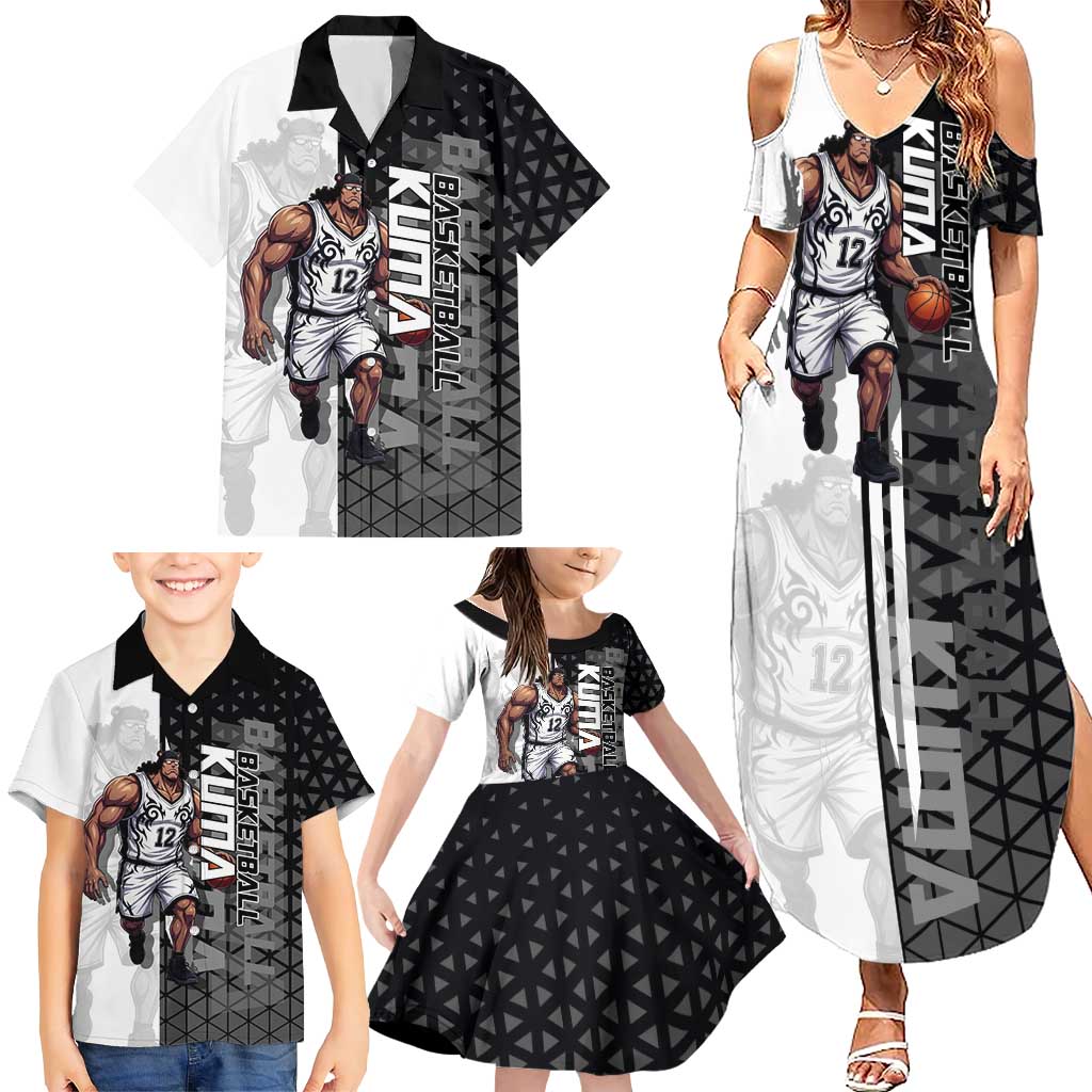 Bartholomew Kuma One Piece Basketball Crossover Design Family Matching Summer Maxi Dress and Hawaiian Shirt with Monochrome Geometric Background and Dynamic Pose