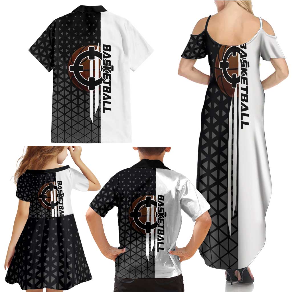 Bartholomew Kuma One Piece Basketball Crossover Design Family Matching Summer Maxi Dress and Hawaiian Shirt with Monochrome Geometric Background and Dynamic Pose