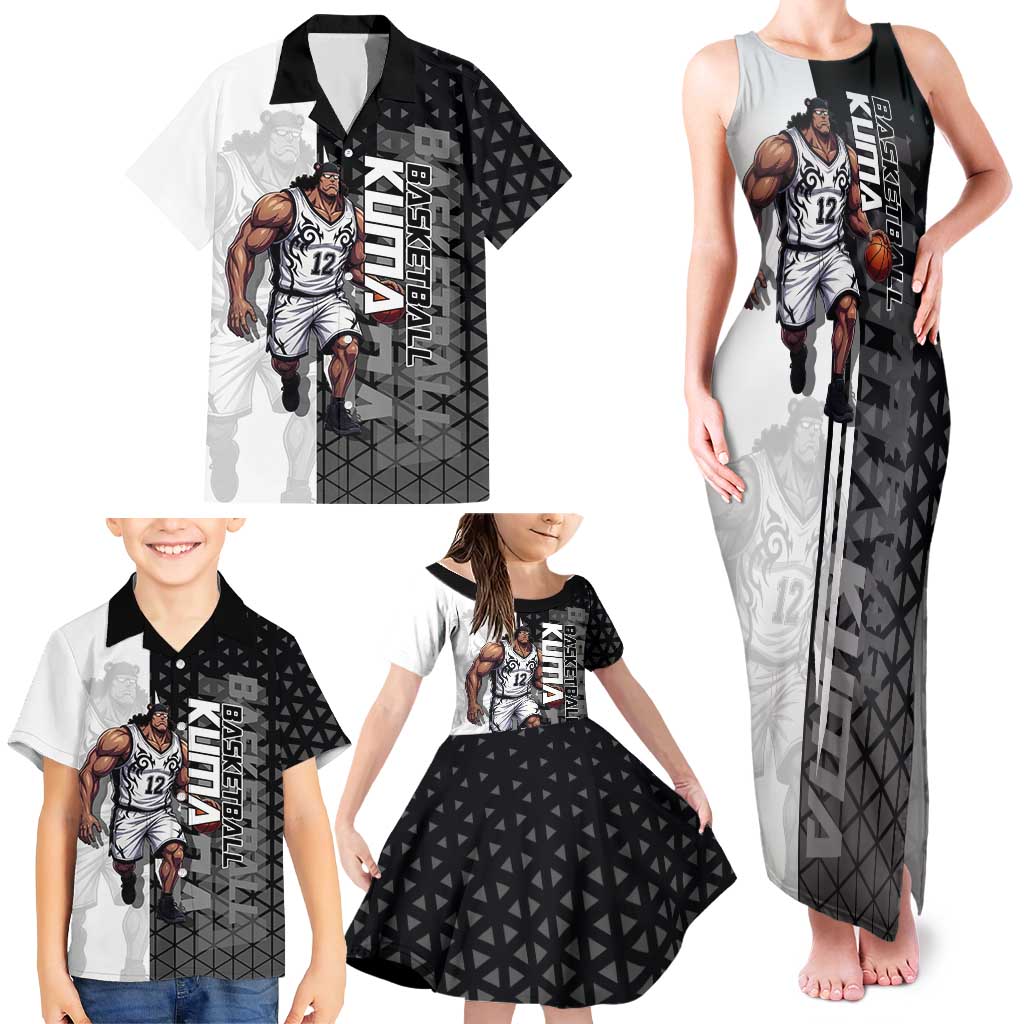Bartholomew Kuma One Piece Basketball Crossover Design Family Matching Tank Maxi Dress and Hawaiian Shirt with Monochrome Geometric Background and Dynamic Pose