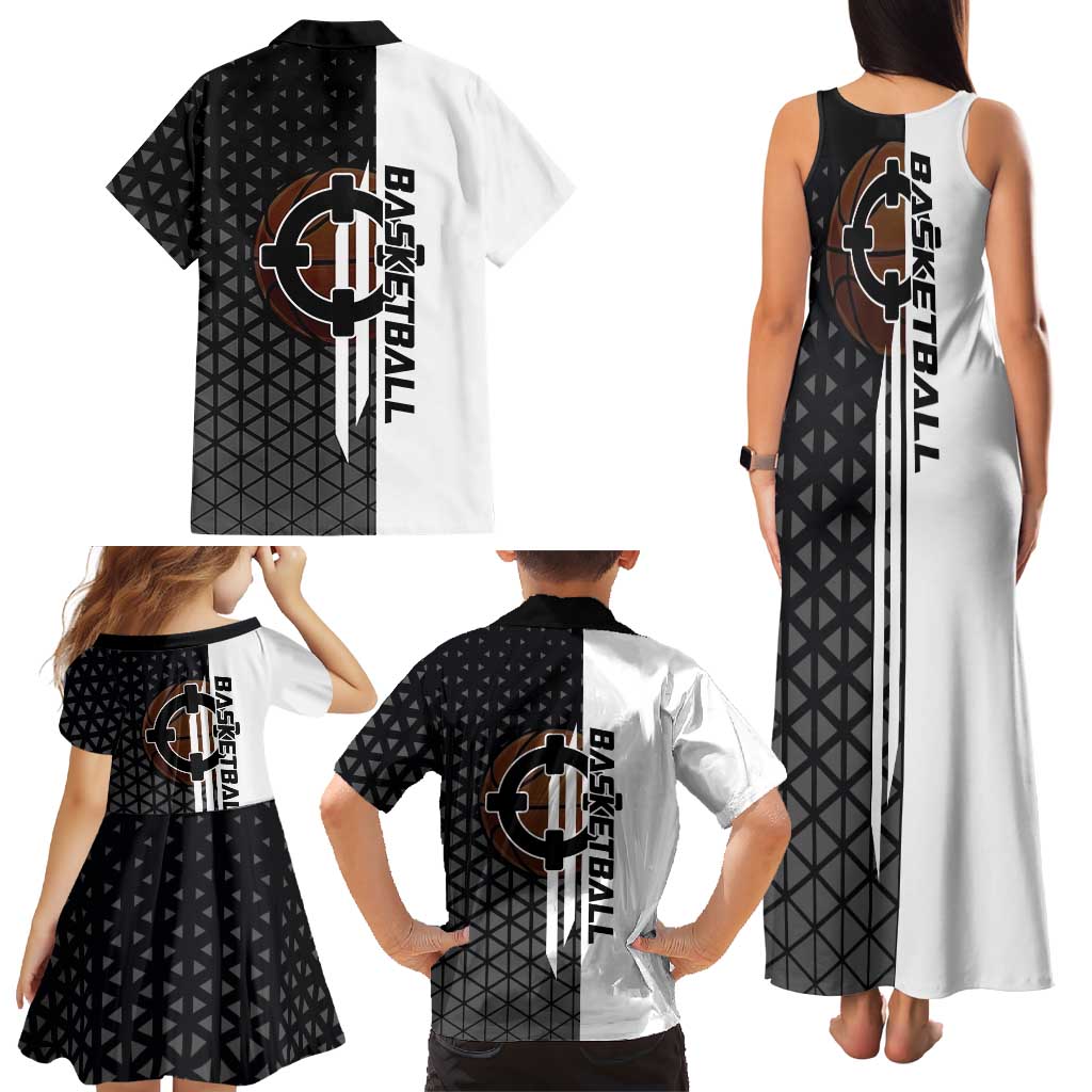 Bartholomew Kuma One Piece Basketball Crossover Design Family Matching Tank Maxi Dress and Hawaiian Shirt with Monochrome Geometric Background and Dynamic Pose