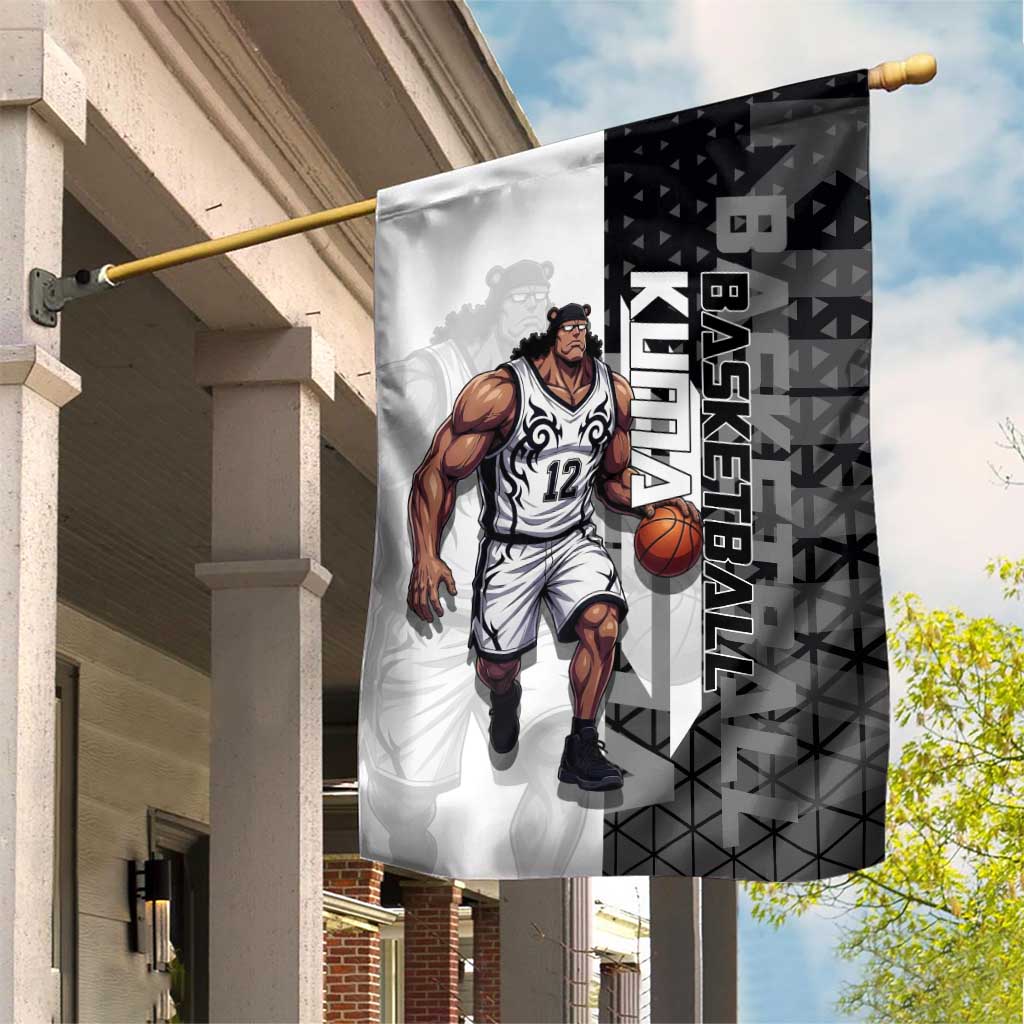 Bartholomew Kuma One Piece Basketball Crossover Design Garden Flag with Monochrome Geometric Background and Dynamic Pose - The Mazicc