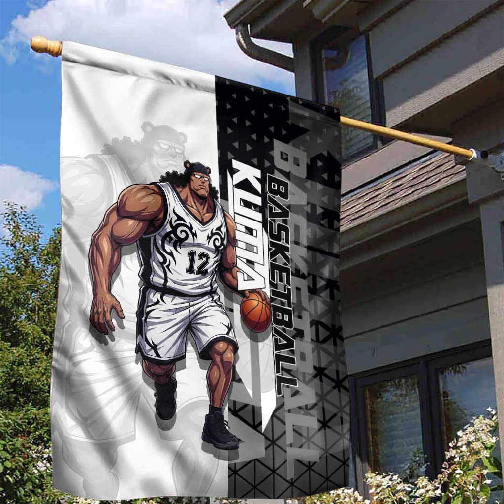 Bartholomew Kuma One Piece Basketball Crossover Design Garden Flag with Monochrome Geometric Background and Dynamic Pose - The Mazicc