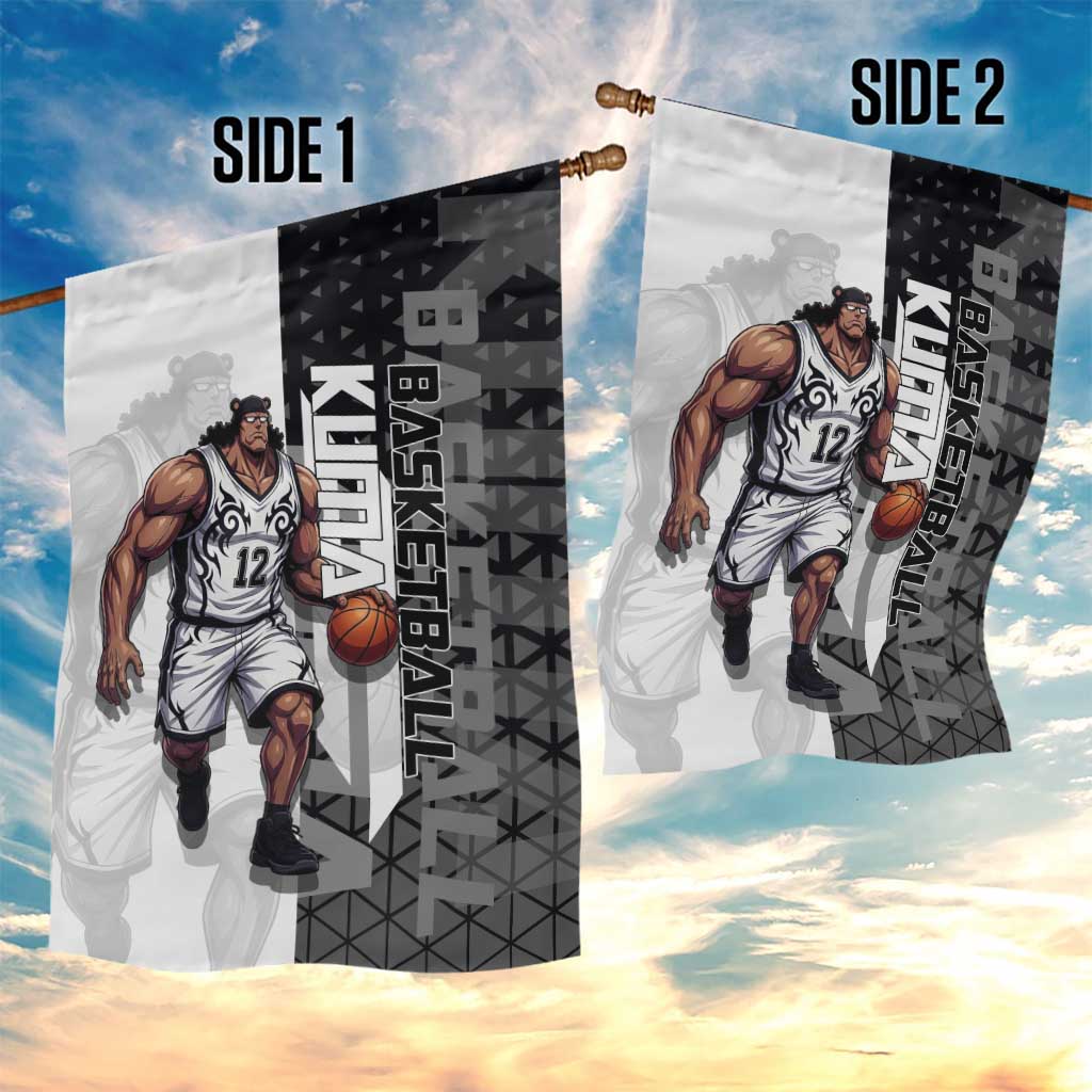 Bartholomew Kuma One Piece Basketball Crossover Design Garden Flag with Monochrome Geometric Background and Dynamic Pose - The Mazicc