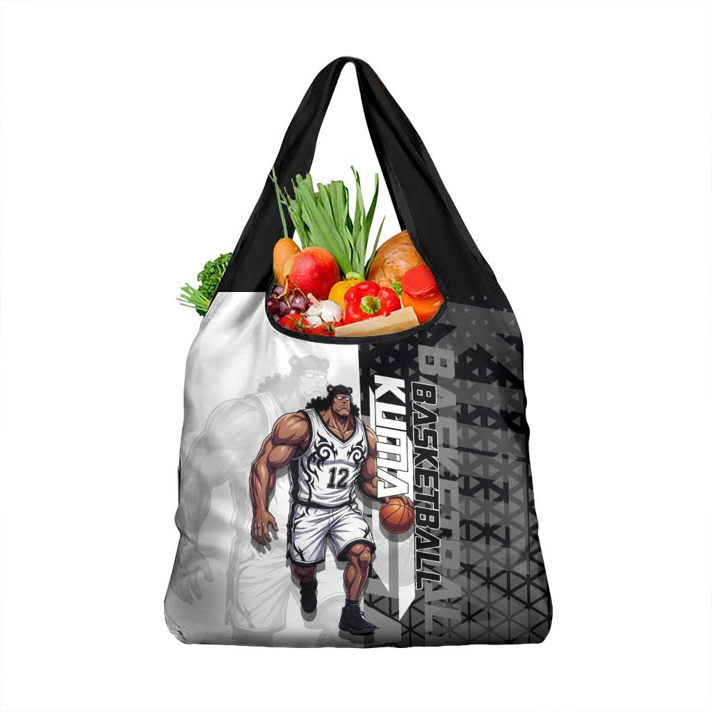 Bartholomew Kuma One Piece Basketball Crossover Design Grocery Bag with Monochrome Geometric Background and Dynamic Pose - The Mazicc