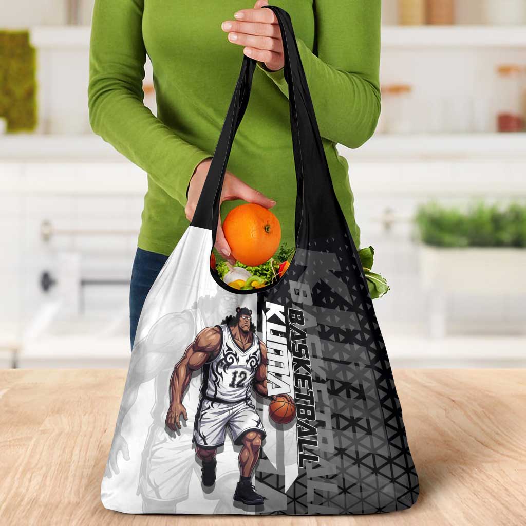 Bartholomew Kuma One Piece Basketball Crossover Design Grocery Bag with Monochrome Geometric Background and Dynamic Pose - The Mazicc