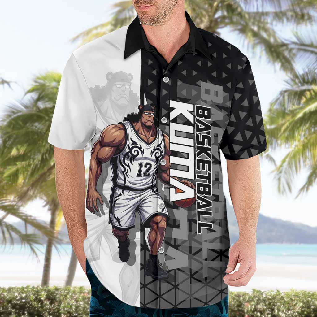 Bartholomew Kuma One Piece Basketball Crossover Design Hawaiian Shirt with Monochrome Geometric Background and Dynamic Pose - The Mazicc