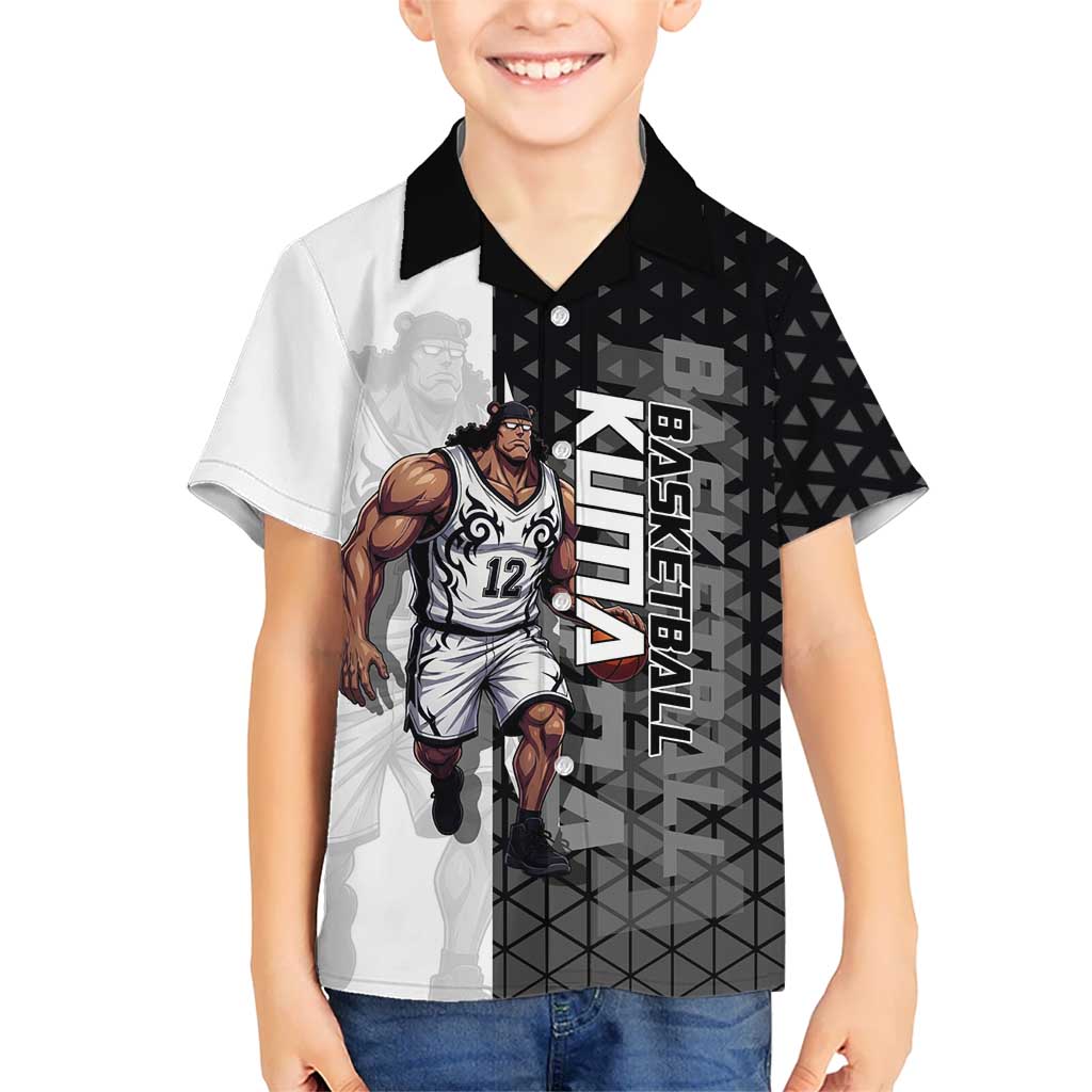 Bartholomew Kuma One Piece Basketball Crossover Design Hawaiian Shirt with Monochrome Geometric Background and Dynamic Pose - The Mazicc