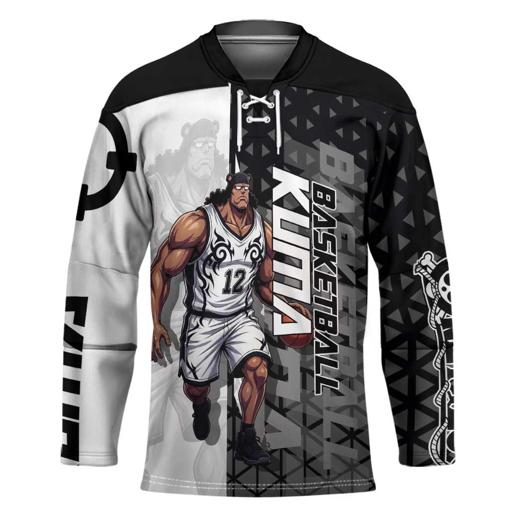 Bartholomew Kuma One Piece Basketball Crossover Design Hockey Jersey with Monochrome Geometric Background and Dynamic Pose - The Mazicc