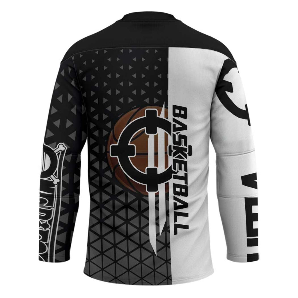 Bartholomew Kuma One Piece Basketball Crossover Design Hockey Jersey with Monochrome Geometric Background and Dynamic Pose - The Mazicc