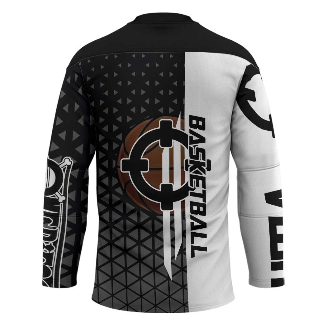 Bartholomew Kuma One Piece Basketball Crossover Design Hockey Jersey with Monochrome Geometric Background and Dynamic Pose - The Mazicc