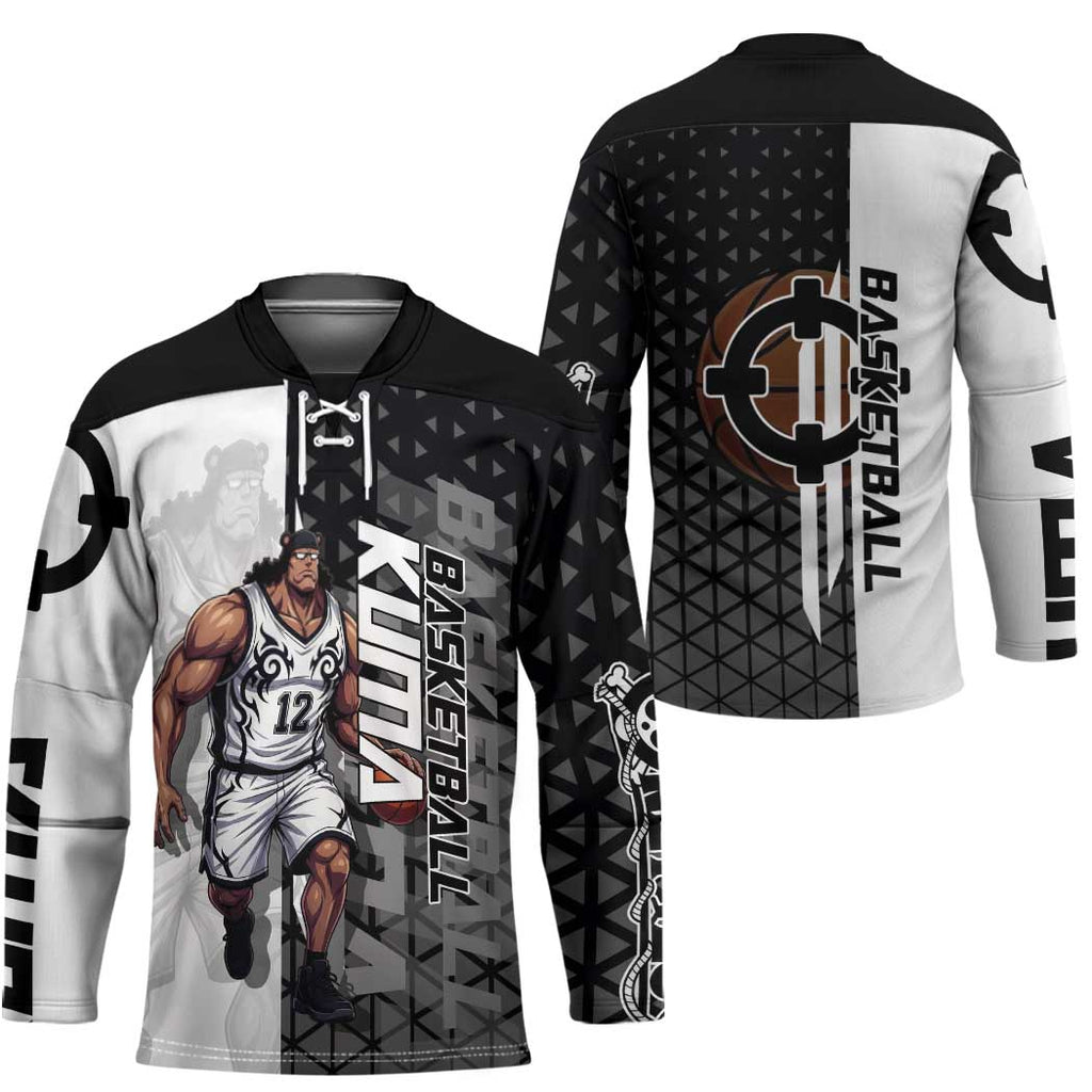Bartholomew Kuma One Piece Basketball Crossover Design Hockey Jersey with Monochrome Geometric Background and Dynamic Pose - The Mazicc
