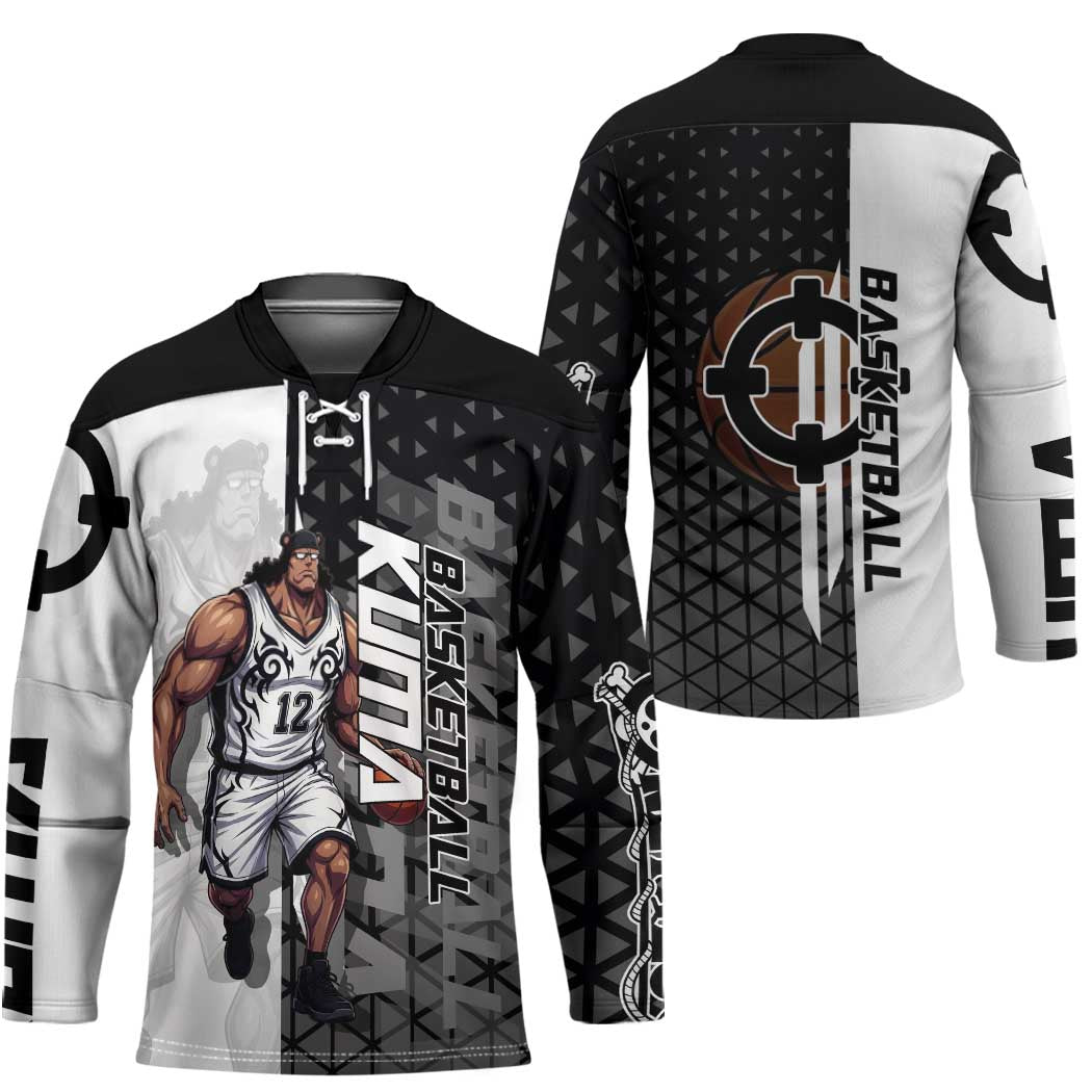 Bartholomew Kuma One Piece Basketball Crossover Design Hockey Jersey with Monochrome Geometric Background and Dynamic Pose - The Mazicc