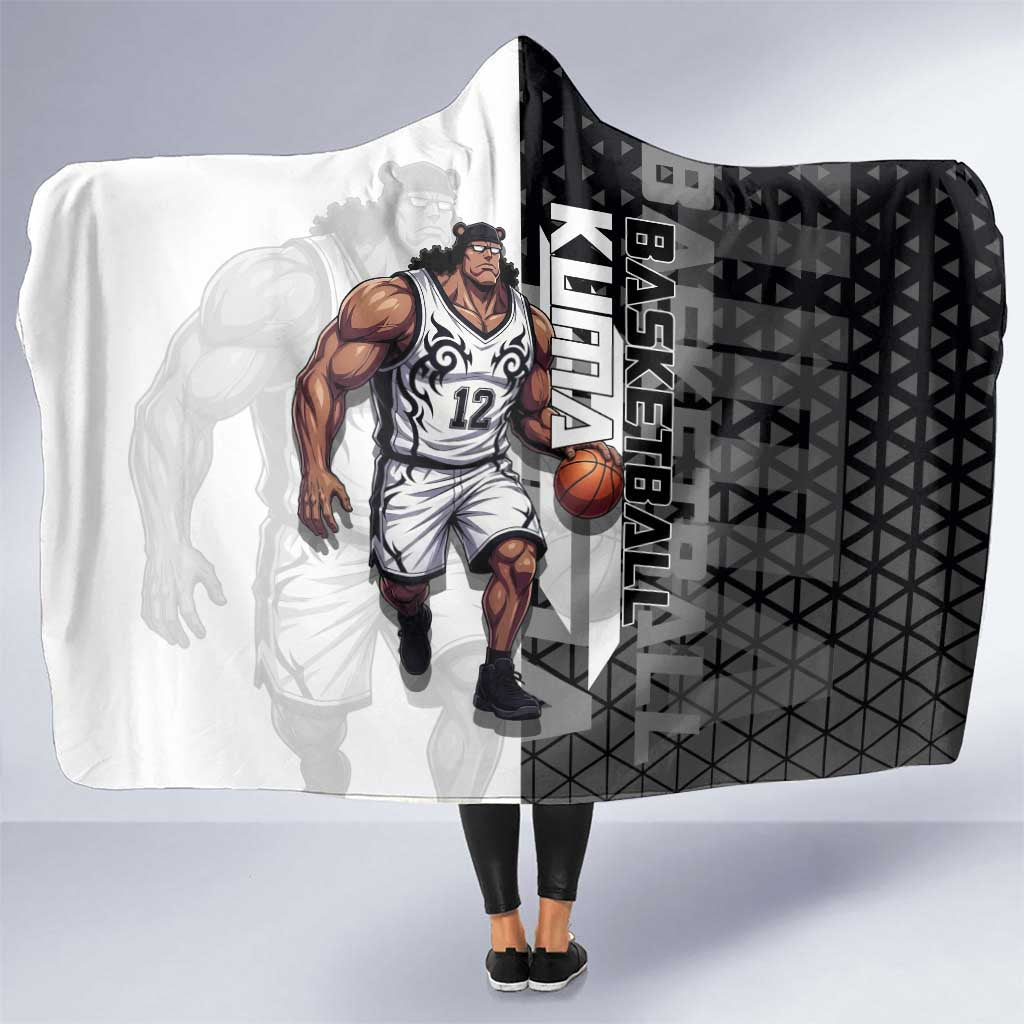 Bartholomew Kuma One Piece Basketball Crossover Design Hooded Blanket with Monochrome Geometric Background and Dynamic Pose - The Mazicc